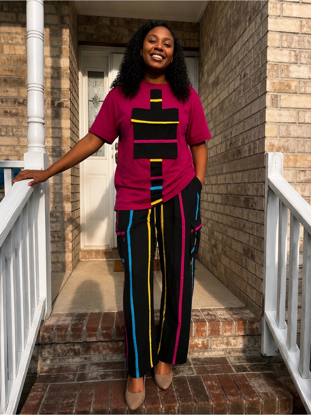 Black Stripe- Cargo Pants and T.Shirt Multicolor Vertical Stripes African Ankara